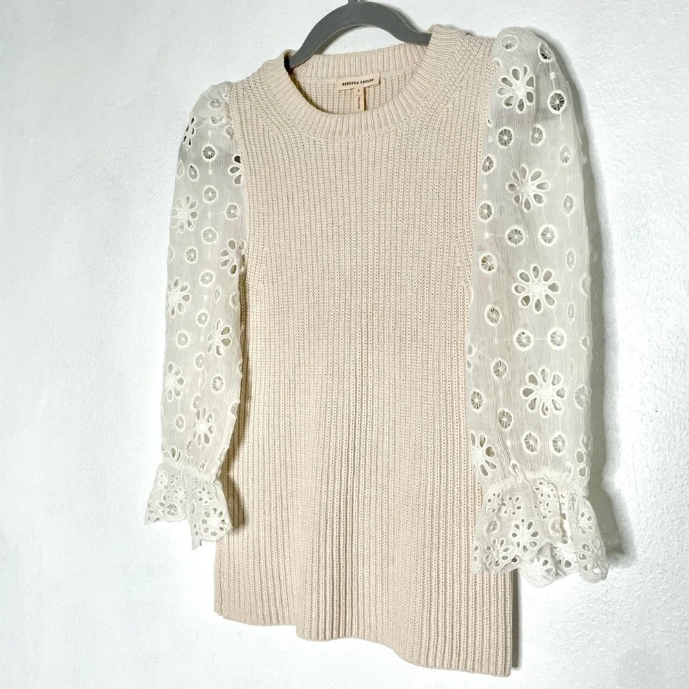 Rebecca Taylor Pink Cotton Silk Ribbed Puff Sleeve Sweater. Twee cottage. Small